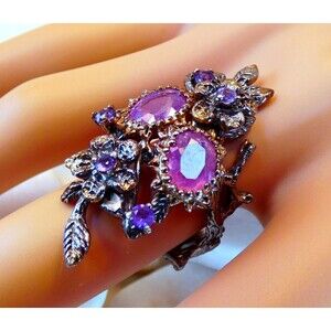 Natural Pink Tourmaline Amethyst Oxidized Sterling Silver Ring Vine Botanical